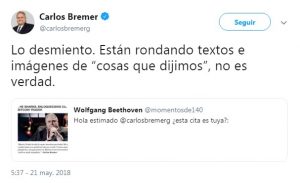 Carlos Bremer twit desmintiendo fake new de bitcoin trader