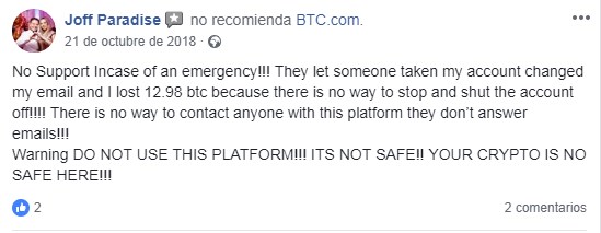 comentario de usuario real que defiende que la plataforma ha robado su cuenta y sus bitcoins