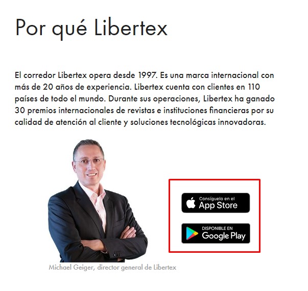 App de Libertex para moviles android y ios en play store.